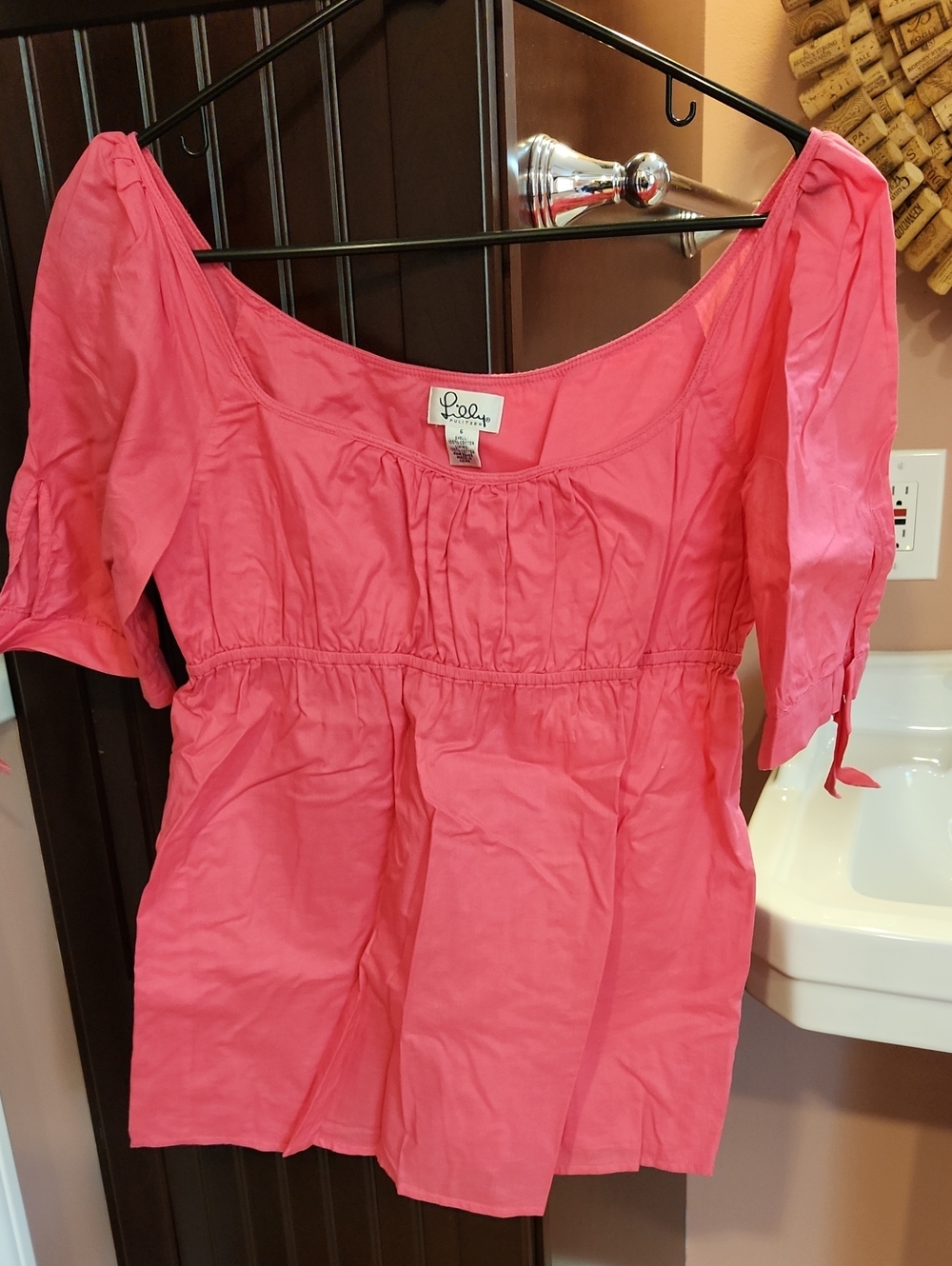 Lilly Pulitzer Pink Peasant Blouse Tie Sleeves Sz 6 White Label